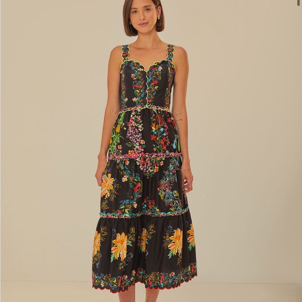 Black Delicate Forest Scarves Organic Cotton Maxi Dress FarmRio